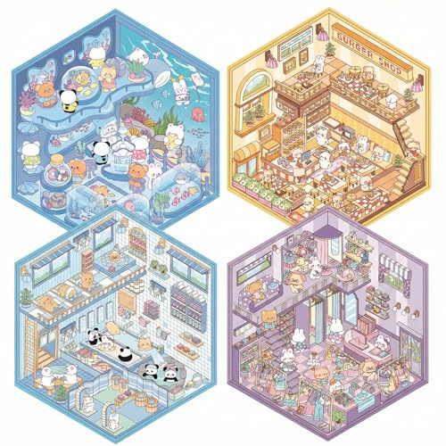BAUCH 4 Stück 3D House Stickers Scene Set,Stickerbuch Wiederverwendbar,Diy House Stickers,fur Restaurants,Supermärkte,Bibliothek,Partys