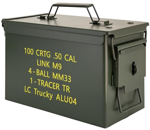 Trucky Munitionsbox Ammo Box Metallkiste Metallbox Munitionskiste | 31x16x19 cm, Grün, mit Text, Aufbewahrungsbox mit Deckel, Army, Metall