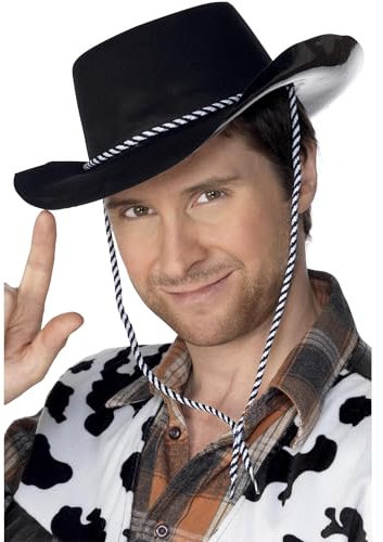 Smiffys Cowboy-Hut, Beflocktes Plastik, Schwarz, mit Kordel Halloween