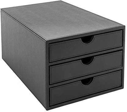 OSCO Black Faux Leather 3 Tier Papersorter | A4 Drawers | Document Storage | Paperwork Filing | Desk Tidy | Workspace Organiser | H19 x W25 x D34 cm |