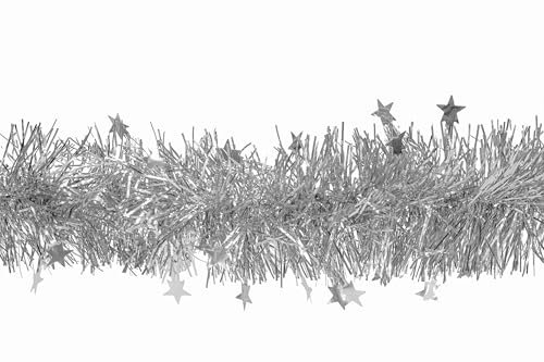 Weihnachtsgirlande 8cm x 3m inkl. Sterne - Lametta Girlande für Weihnachtsbaum - Glänzende Sternengirlande Dekogirlande für Weihnachten - Lamettagirlande Weihnachtsbaumgirlande Partygirlande Silber