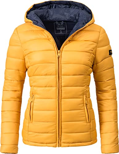 MARIKOO Damen Übergangsjacke leichte Steppjacke kurz mit Kapuze Lucy Gelb Gr. XXL