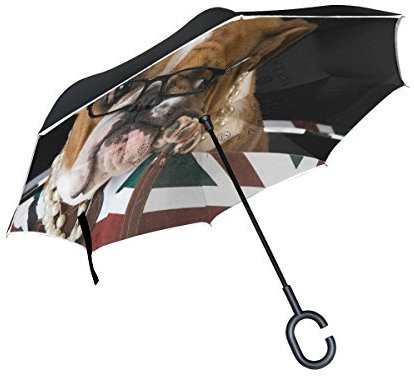 Use7 Vintage English Bulldog British Flag Inverted Umbrella, Large Double Layer Outdoor Rain Sun Car Reversible Umbrella