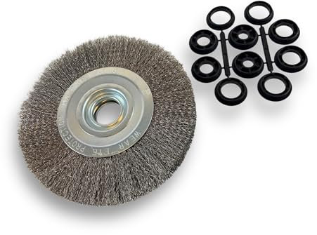 Brosse circulaire INOX | Ø 200 mm | Epaisseur 2 rangs | Fil dur 0.30 mm ondulé | Alésage 32 mm + réducteur bague 25/22/20/16/12 mm | Touret meuleuse affûteuse ponceuse | Kibros 238202IT