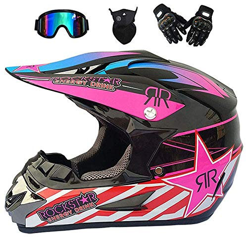 HXCZ JCLDG Moto Motocross Casques + Gants d'enfants + Lunettes + Masque pour Enfants Casque de Moto de Bicyclette ATV Cross Off-Road BMX Dot Standard Enfants Quad Bike VTT Karting,Rose,S