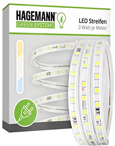 HAGEMANN® LED Streifen mit Stecker 1-50 Meter 3 Watt pro Meter 265lm/m IP44 5050 LED Lichtleiste – LED Strip 230V