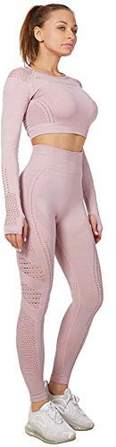 Jamron Damen Stretch Yoga Kleidung Set Crop Top+Leggings 2PCS Trainingsanzug Gym Fitness Activewear SN05405 Lotus Rosa M
