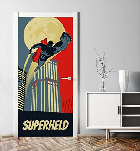 MyMaxxi - Tür bekleben mit Türtapete Türposter Türfolie Selbstklebend 90x200 Superheld Flug - Tür verschönern mit Türfolie - Türaufkleber Mädchen und Junge