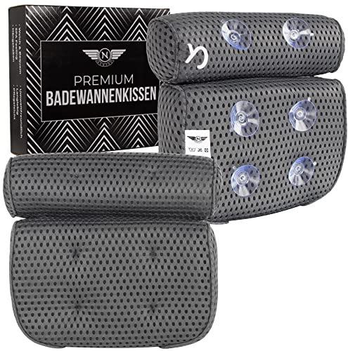 Newark Premium Badewannenkissen Grau - Hochwertiges Badekissen mit verstärkten Saugnäpfen - Nackenkissen Badewanne mit praktischem Haken - Spa Bath Pillow - 4D Atmungsaktives Wannenkissen