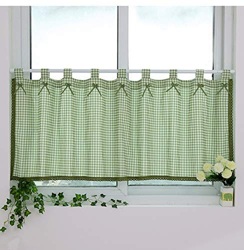 Yaland Visillo pequeño a cuadros para ventana pequeña cortina corredera cortina corta cocina salón habitación infantil con encaje de ganchillo y lazo de cuadros (ancho 200 x 80 cm, verde) 1 pieza