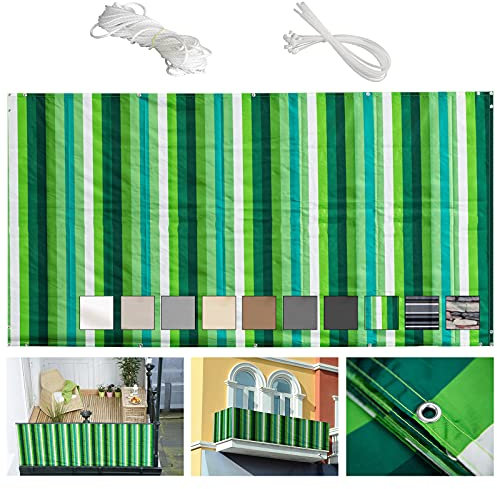 MEEYI Balkon-sichtschutz 75x600cm balkonumspannungen Windschutz balkonverkleidung Holz sichtschutz Balkon hoch balkonumrandung 100% Polyester für terrasse mit kabelbinder und Seil-Grün und weiß