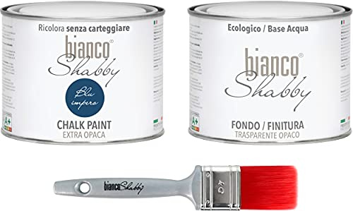 CHALK PAINT Blu Impero & FINITURA + PENNELLO - Pittura Shabby Chic EXTRA OPACA (500 ml) + Finitura Trasparente Opaco (500 ml) + 1 Pennello Pro 40 mm