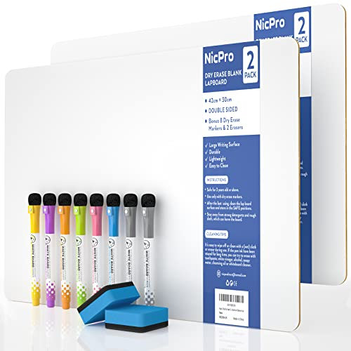 Nicpro 2 Stück Whiteboard Klein A3, Doppelseitiges Desktop Schreibtafel mit 8 Bunte Stifte, Schwamm, tragbares Mini Whiteboard für Kinder, Schüler, Klassenzimmer, Schulmaterial, Lernen (30 x 42 cm)