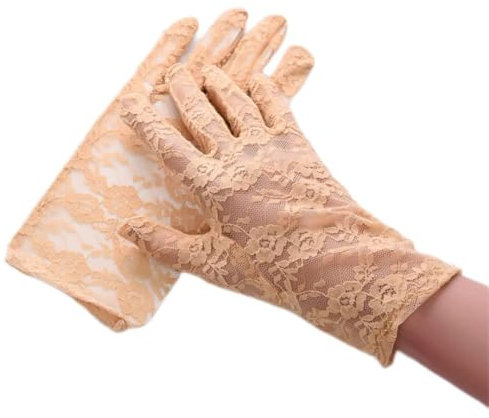 ihreesy Kurz Spitzenhandschuhe Damen,2 Stücke Vintage Abendhandschuhe Frauen Brauthandschuh Sommer Spitze Fahrradhandschuhe Netzhandschuhe UV-schutz Handschuhe,Beige