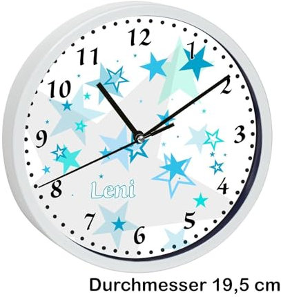 CreaDesign, Wanduhr für Kinderzimmer Sterne türkis, Kinderuhr weiß mit Quarz Uhrwerk, personalisiert mit Name, Durchmesser 19,5 cm