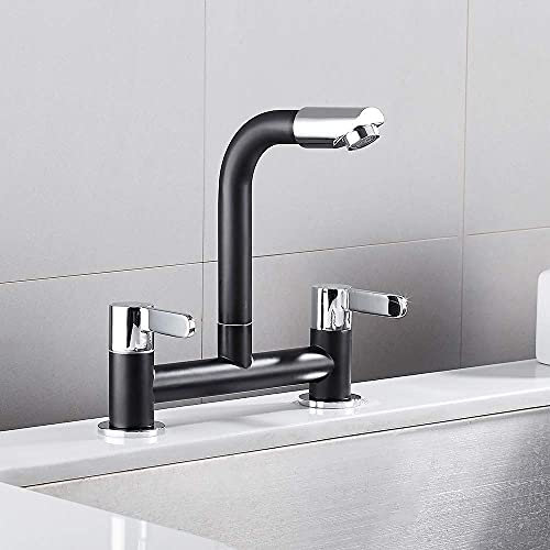 Creative Salle De Bains Lavabo Robinets À Levier Mélangeur De Cuisine Monté sur Le Pont Bec De Robinet Noir Robinets De Mélangeur D'évier De Cuisine Double Levier 2 Trous Bec Pivotant Levier De
