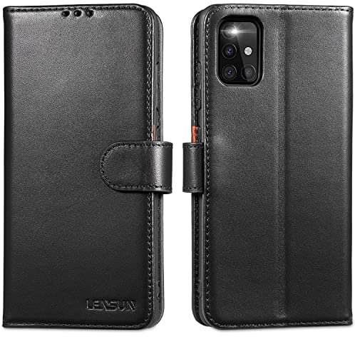LENSUN Echtleder Hülle für Samsung Galaxy A51 4G, Handyhülle [Echtes Leder] [Magnetverschluss] [RFID Schutz] Handytasche Lederhülle für Galaxy A51 4G - Schwarz