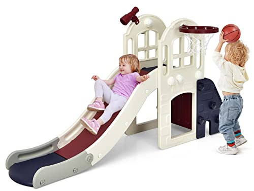 COSTWAY Gran Tobogán Infantil 6 en 1, Juego Infantil con Cesta, Pelota, Lanzamiento de Anillas y Telescopio, Parque Infantil de Interior y Exterior para Niños y Niñas (Azul)