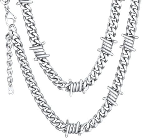 ChainsHouse Barbed Wire Necklace Punk Thorns Chain Necklace for Men Women, 6mm Wide Stainless Steel/Black Metal/18K Gold Plated Hiphop Rock Jewelry, 18-22Inch, 16 Inches(choker length), Stainless