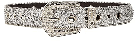 JowTreex Damen Herren Strass-Gürtel, Bling Western Cowgirl Cowboy Nieten Leder Gürtel Diamant Taillengürtel für Jeans Hosen, silber, Taille 28-35