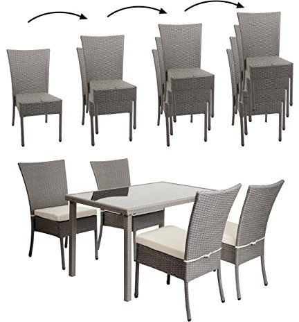 Mendler Poly-Rattan Garnitur HWC-G19, Sitzgruppe Balkon-/Lounge-Set, 4xStuhl+Tisch, 120x75cm - grau, Kissen Creme