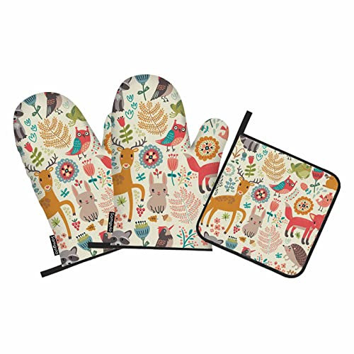 Samgula Ofenhandschuhe und Topflappen, Wildtiere, Pflanzen, Hirsch, Fuchs, Kaninchen, Vogel, hitzebeständig, 3 Stück zum Kochen, Backen, Grillen