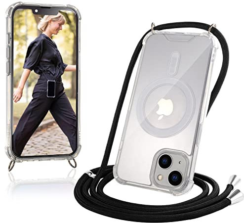 JProtect für iPhone 13 Mini Hülle mit Band und MagSafe – Magnetische Handykette für iPhone 13 Mini Magnet – Durchsichtige Umhängehülle Band Schwarz – Kette Handyhülle für MagSafe Zubehör
