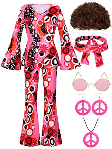 SOMSOC trägt 7 schachthosen mit hippie-outfits der 70er jahre, poesianische schlaghosen und haarspangen mit ohrenringen, einem halloween-kostüm, Größe
