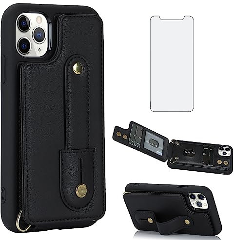 Asuwish Phone Case for iPhone 11 Pro Max 6.5 Wallet Cover with Screen Protector and RFID Blocking Card Holder Crossbody Strap Lanyard Leather Cell iPhone11 11pro Promax i XI Plus Women Men Black
