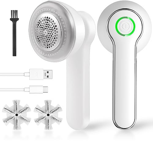 Towwoo Fusselrasierer Elektrisch, USB Wiederaufladbar 9W 800 mAh Professioneller Fusselentferner mit 2 Edelstahl Ersatzklingen und Reinigungsbürste für Kleidung, Pullover, Sofa, Teppiche (Weiß)
