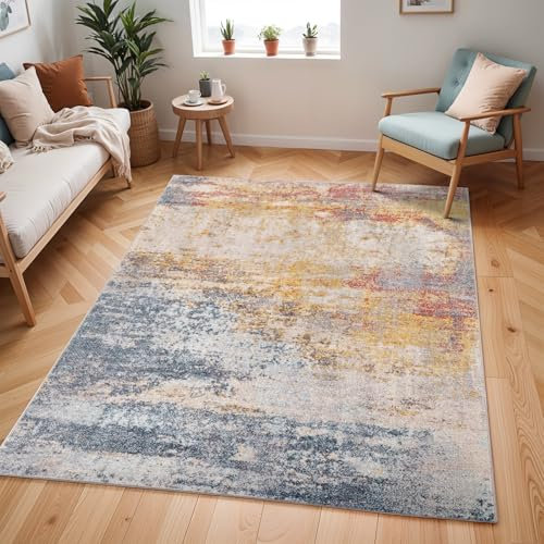 Livabliss Sarasota Wohnzimmer Teppich modern – Abstrakt Design in Marmor Optik für Wohnzimmer 120x170 cm, Esszimmer, Schlafzimmer - Marmor Teppich groß, weicher Teppich Kurzflor Blau, Senfgelb, Rost