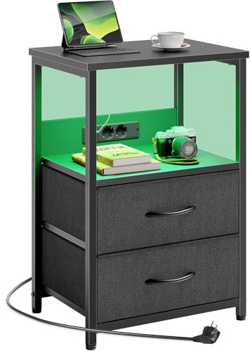 Seventable Table de Chevet avec Prise USB et 2 tiroirs - Table de Nuit connectée avec éclairage LED pour Chambre à Coucher, Salon ou canapé (1, Noir)
