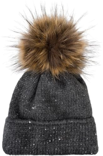 styleBREAKER Damen Strick Bommelmütze Pailletten Uni Fake-Fur | Isolierendes Thermo-Fleece Innenfutter für den Winter, 10cm Kunstfell Pompon, 22cm Bundweite, elastisch für 50-59cm Umfang.