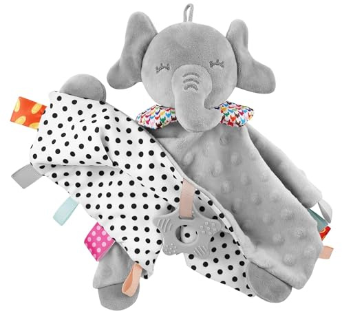 baby comforter Newborn, Grey Elephant with Teether and Sensory Tags | Grey minky security blanket with teether, sensory tags and 28 x 28 cm size for baby comforter gifts