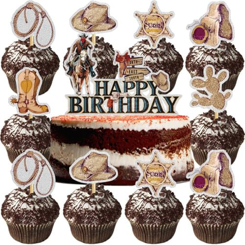 WIDEBG Tortendeko Cowboy Cupcake Topper Kindergeburtstag Kuchen Deko Western Cowboy Kuchen Dekoration Pferde Happy Birthday Cake Topper Western Geburtstagsparty Zubehör 19 Stück