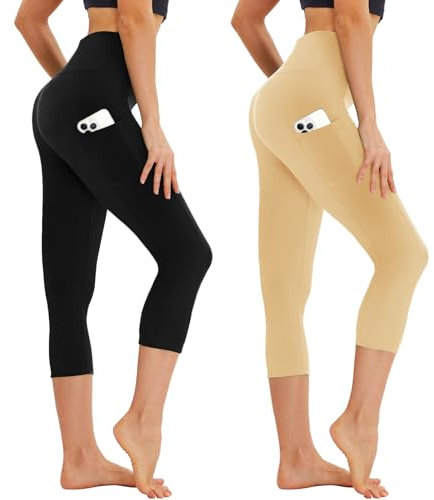 AMIYOYO Capri Leggings Damen mit Taschen 3/4 Sport Leggins High Waist Sporthose Blickdicht Elastisch 7/8 Yoga Hose Fitness Laufen für Outdoor 2er Pack(Schwarz+Beige,XXL=DE50-54)