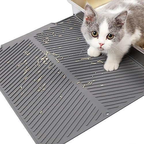 Mora Pets Katzenklo Matte, Katzenstreu Matte Premium-Silikon Katzenmatte Wasserdichte Katzentoilette Unterlage Katzenklo Vorleger Einfache Reinigung Grau 41x50.9cm