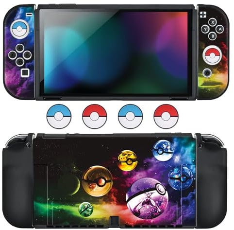 DLseego Funda para Switch OLED,Funda Protectora de TPU Compatible con Switch OLED Model, con 4 Fundas de Agarre para el Pulgar, Absorción de Impactos Anti-arañazos,Bolas de Duende OLED