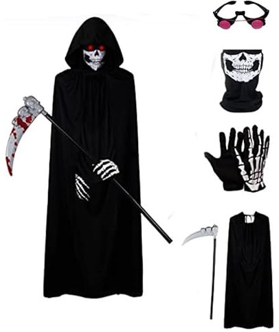 Niceyoeuk Cape d'Halloween – Costume de costumade pour femmes, hommes et enfants – Robe d'horreur de la faucheuse avec lunettes aux yeux rouges brillants, faux, visage, gants (noir, adultes, 5 pièces)