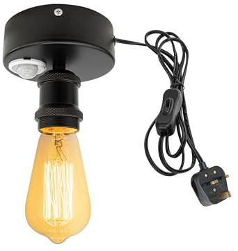 FSLiving Motion Sensor Ceiling Light Fitting with Plug-in Cable,Motion Activated Hanging Light Fitting Adjustable Delay Time for Hallway Stair Porche Garage Balcony,1-Light