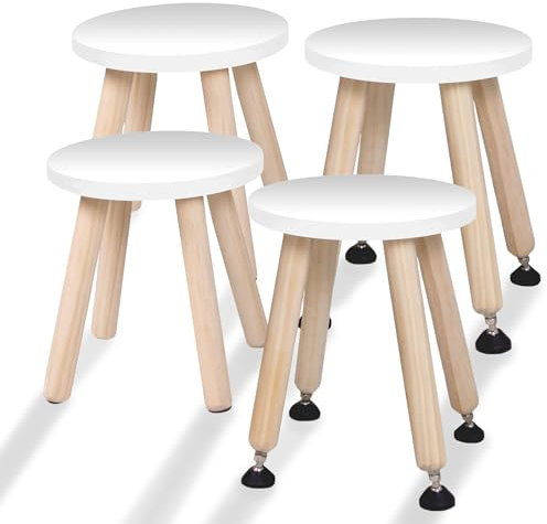 Cateam Tritthocker aus Holz für Kinder und Kleinkinder – 4er-Set – Weiß – Kinderhocker mit ausziehbaren Beinen – sensorischer Tischhocker – runder Sitzhocker für Kinder mit Nivellierfüßen