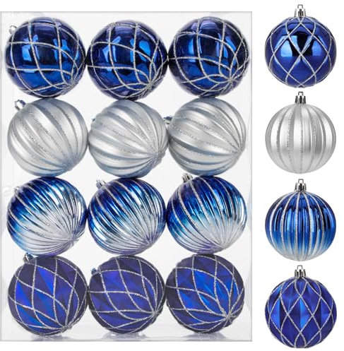 Arborus 12 Stück Christbaumkugeln 8 cm Weihnachtsbaumkugeln Kunststoff Weihnachtsbaumschmuck Set Geriffelt Tannenbaumkugeln Blau Baumkugeln Weihnachten Deko Christmas Deko Christmas Schmuck