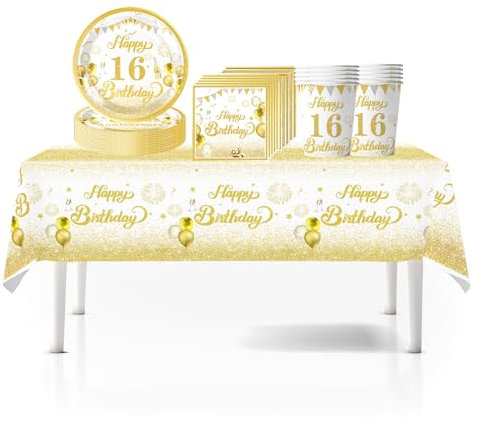 41Pcs White Gold 16th Happy Birthday Party Tableware Decorations for Him Plastic Table Cloth,7inch Paper Plates,Napkins, Cups for Men Birthday Table Party Tableware Set for Him Adults Birthday Party