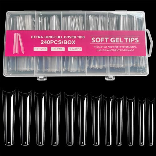 240Pcs Extra Long Nail Tips, 47-56mm Clear Half Cover Extra Long Square Nail Tips, French Nail Tips, No C Curve False Nail Tips, Half Cover False Nail Tips Extension Kit, Acrylic Nail Tips 12 Sizes