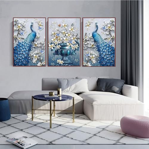 AEEYDDWE 3er Set Premium Poster,Poster Malerei mit blauem Pfau und weißen Blumen,Stilvolle Poster Wanddeko für Wohnzimmer & Schlafzimmer,Natur Leinwandbilder,Ohne Rahmen (60X90CM)