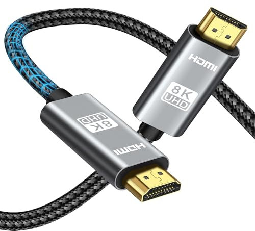 MEIRIYFA Câble HDMI 2.1 8 K, certifié 48 Gbps ultra haute vitesse - Câble HDMI 2.1 tressé plaqué or - 8K @ 60 Hz HDR dynamique - eARC - Compatible avec HDTV/Xbox/Blu-ray (3 m, gris)