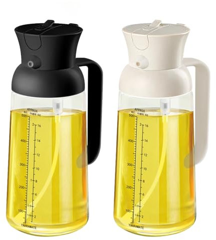YARRAMATE 18oz/550ml Olive Oil Sprayer Mister with Measuring Scale, 2-in-1 Glass Bottle Dispenser for Cooking, Pour and Spray, Kitchen Use for Air Fryer, BBQ (Black & White)