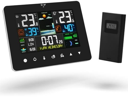 OFFCUP Stazione Meteorologica Wireless, Stazione Meteo con Sensore Esterno con LCD Display a Colori con Retroilluminazione, Previsioni del Tempo, Barometro, Fasi Lunari, Sveglia, Igrometro (Nero)