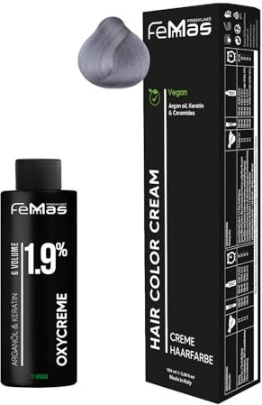 Femmas Haarfarbe Set Silber I Hair Color Cream 100ml + Oxycreme 100ml 1,9% I Permanente Haar-Coloration + Entwickler I Schonend & langanhaltend I Salon-Haarfarbe für Zuhause