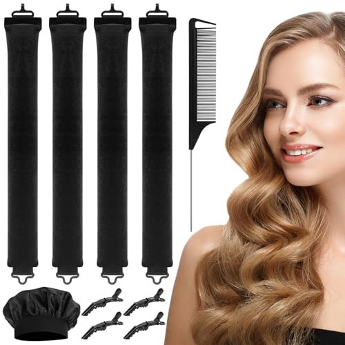 IETWATE 4 Stück Lockenwickler Über Nacht, DIY Heatless Curls Band, Gummi Haare Locken Ohne Hitze mit Haken, Overnight Blowout mit Haarkappen für Alle Hair Type Styling, Schwarz
